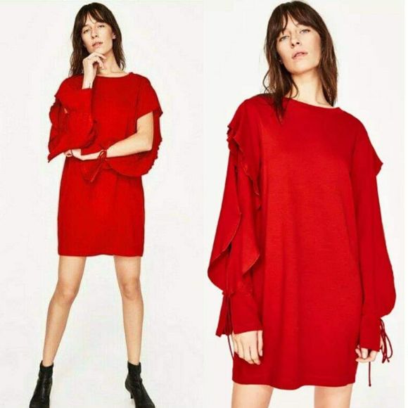 Zara Dresses & Skirts - Zara Red Open Long Ruffle Sleeve Sweatshirt Dress